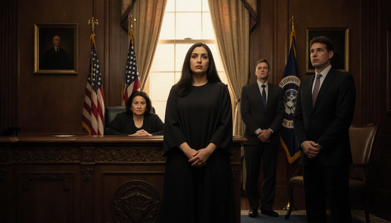 Kilmar Abrego Garcia pleading before stern judge courtroom with golden light pouring through window