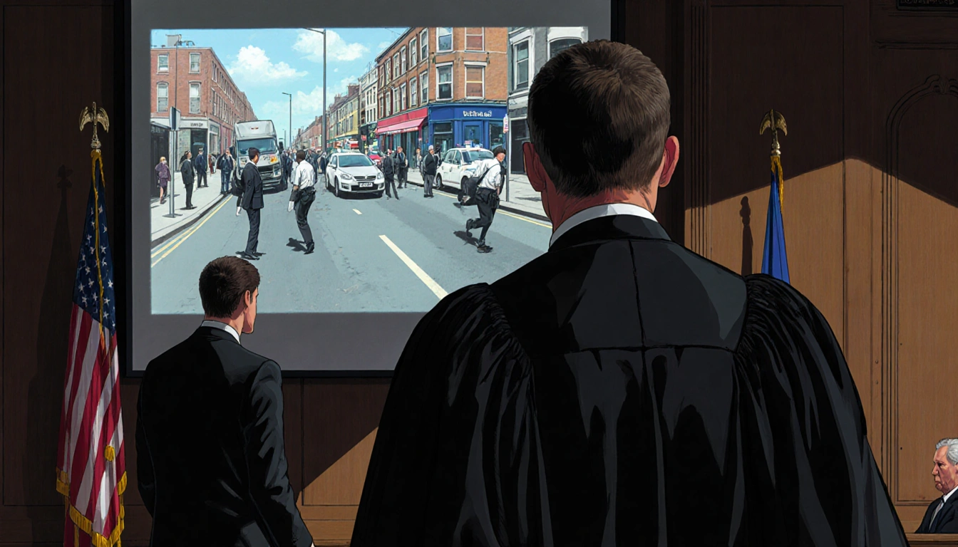 Judge Andrew Menary addressing John Doyle with stern expression while screen shows May 26 incident footage in dim courtroom