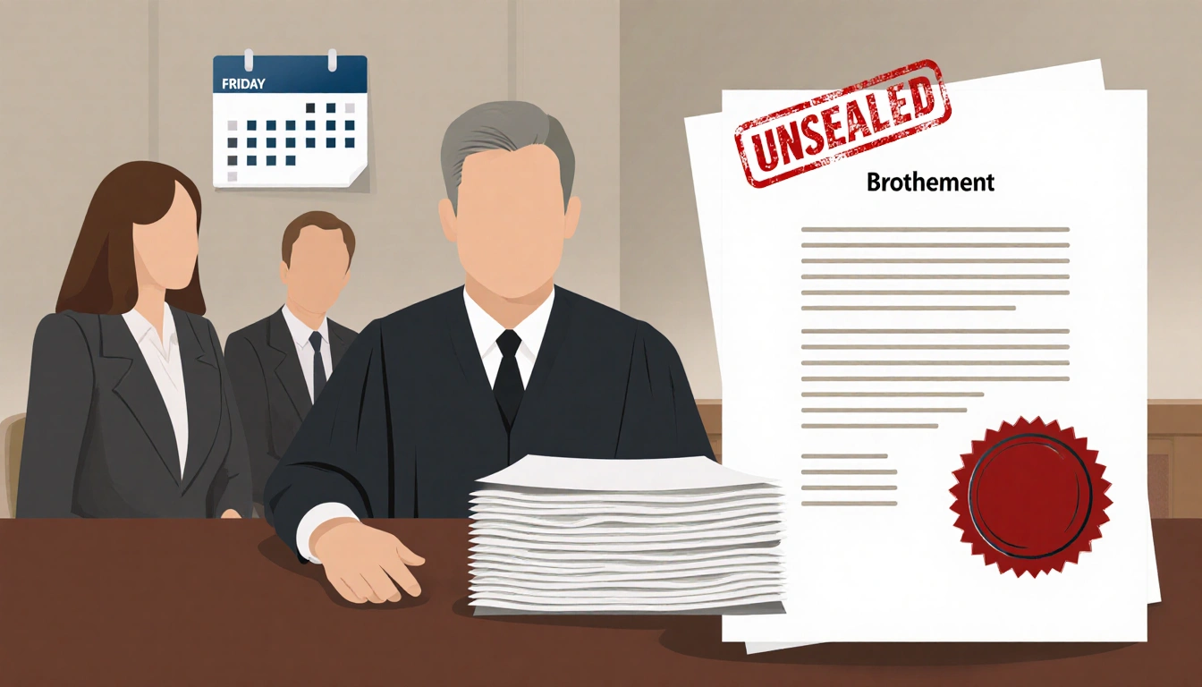 Judge Brotherton sits at desk with documents and a highlighted divorce seal and lawyers across with calendar showing Friday.