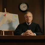 Judge addressing camera with map of New York State for trial and a ticking clock in courtroom