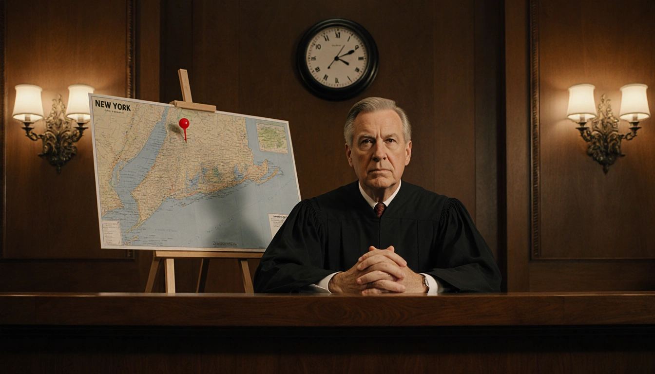 Judge addressing camera with map of New York State for trial and a ticking clock in courtroom