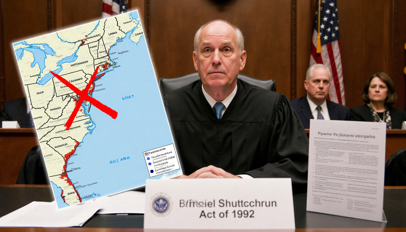 Judge Robert Jonker marking Line 5 shutdown on Michigan map with red X in courtroom with Pipeline Safety Act documents