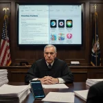 Judge Pitman reviews documents with a young person while a screen shows app store parental consent