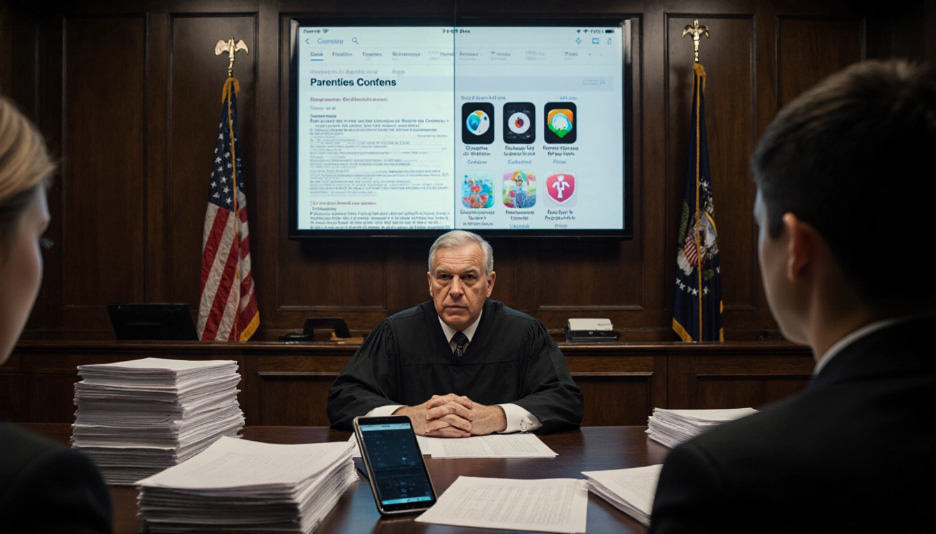 Judge Pitman reviews documents with a young person while a screen shows app store parental consent