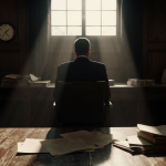 Spotlight shines on empty chair with worn wooden floor and scattered legal documents in courtroom hinting at judicial delay