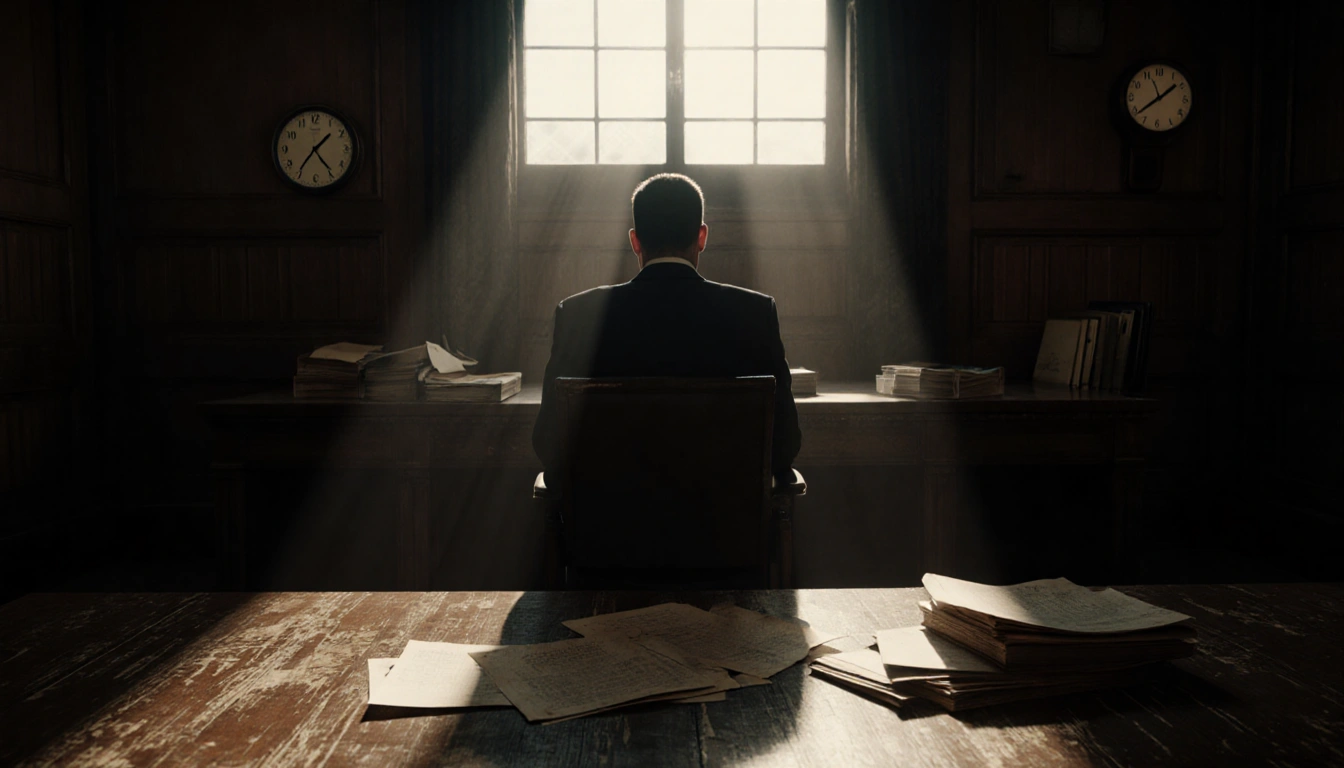 Spotlight shines on empty chair with worn wooden floor and scattered legal documents in courtroom hinting at judicial delay