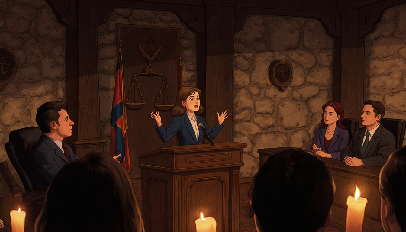 Crockett speaks confidently to judge and jury with candlelight casting golden glow in rustic courtroom for justice reform