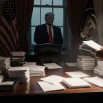 Figure presenting evidence with a spotlight on a cluttered desk in a dim courtroom and a faint Trump silhouette in the backgr