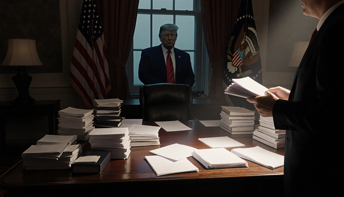 Figure presenting evidence with a spotlight on a cluttered desk in a dim courtroom and a faint Trump silhouette in the backgr