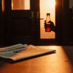 Newspaper clipping opens on bench with headline overdose death sentencing and orange sunset glow behind courthouse.