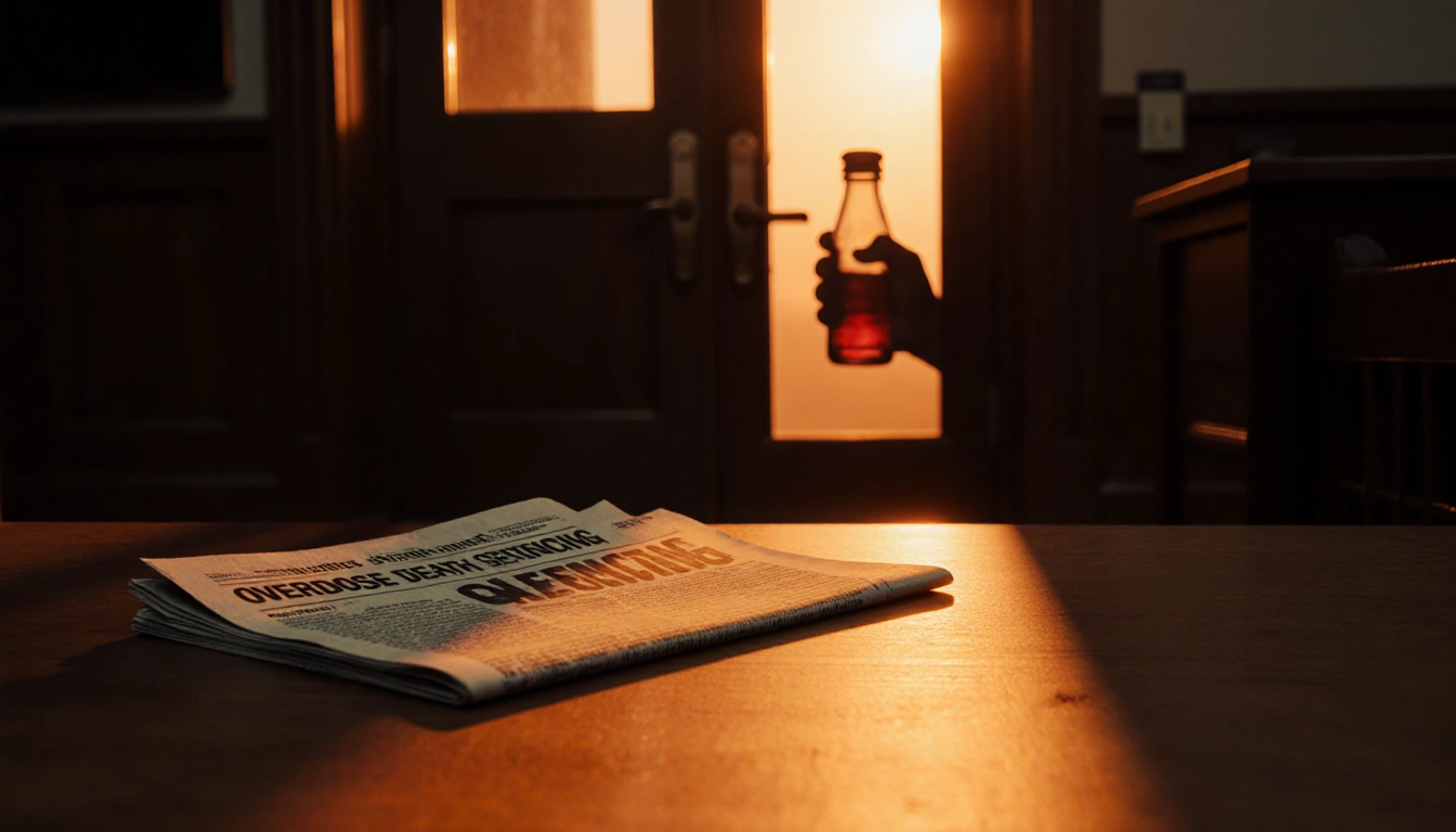 Newspaper clipping opens on bench with headline overdose death sentencing and orange sunset glow behind courthouse.
