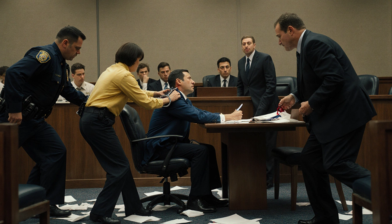 Routh attempts to stab his neck with a flexible pen while officers restrain him in a chaotic courtroom with a shocked judge.