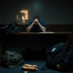 Defendant slumped at desk with hands clasped in frustration near a half‑eaten hoagie and evidence bags