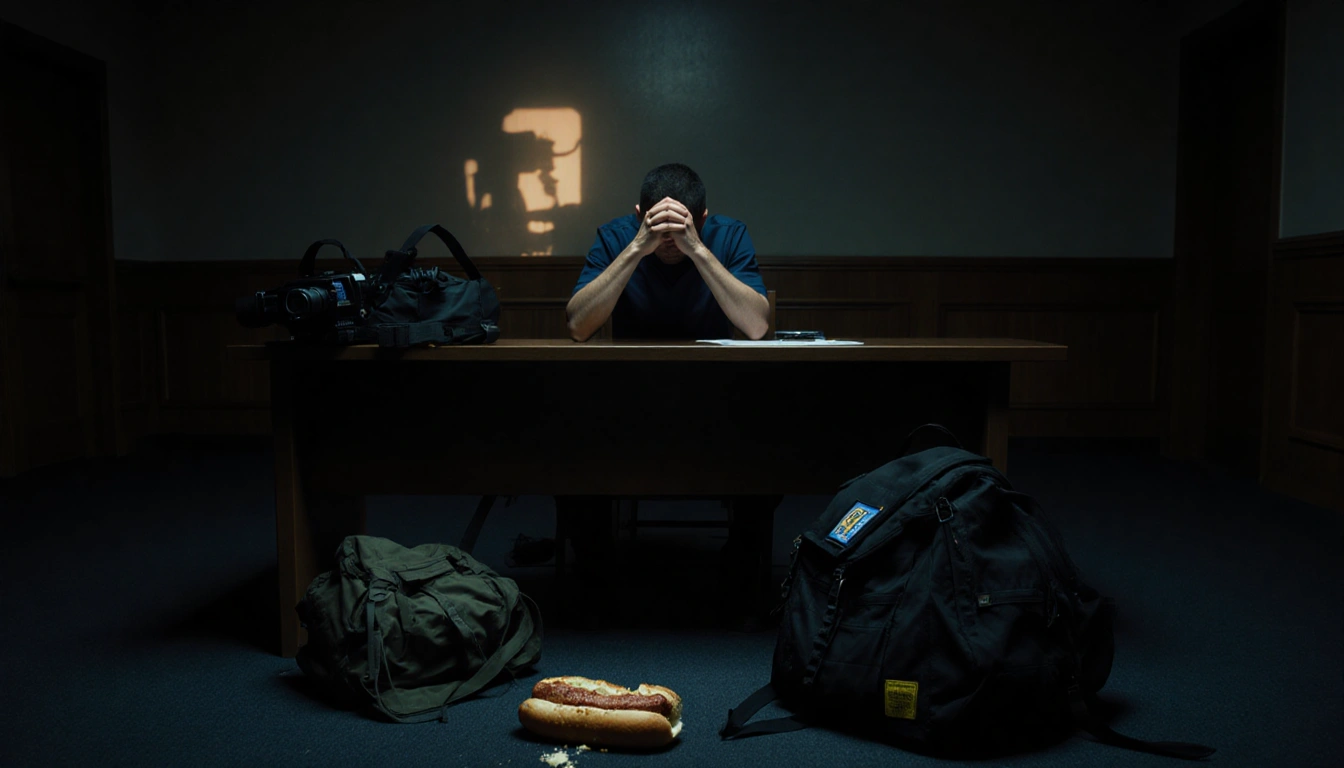 Defendant slumped at desk with hands clasped in frustration near a half‑eaten hoagie and evidence bags