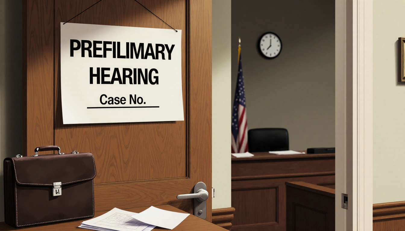 Briefcase rests on table in courtroom hallway with a sign reading Preliminary Hearing and a clock at 0:00