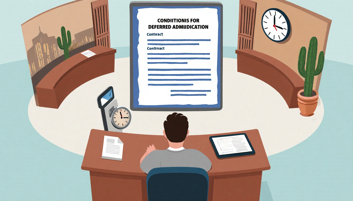 Defendant reviewing contract on tablet in courtroom with judge's desk and Texas cactus probation backdrop