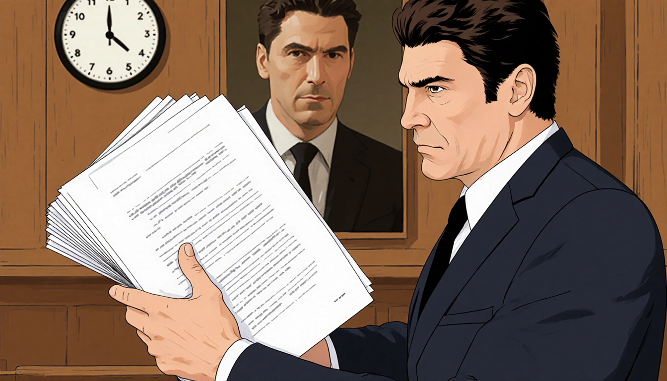 Prosecutor holding documents with a muted courtroom backdrop and clock and a blurred Russell Brand face hinting at involvemen