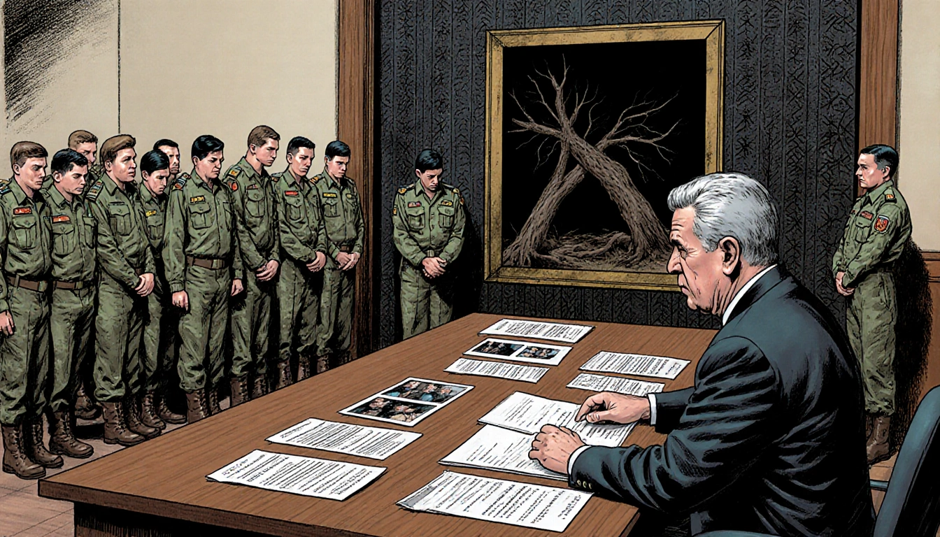 Judge José Suárez sentencing 11 soldiers in courtroom with evidence on a long wooden table and a darkened door frame