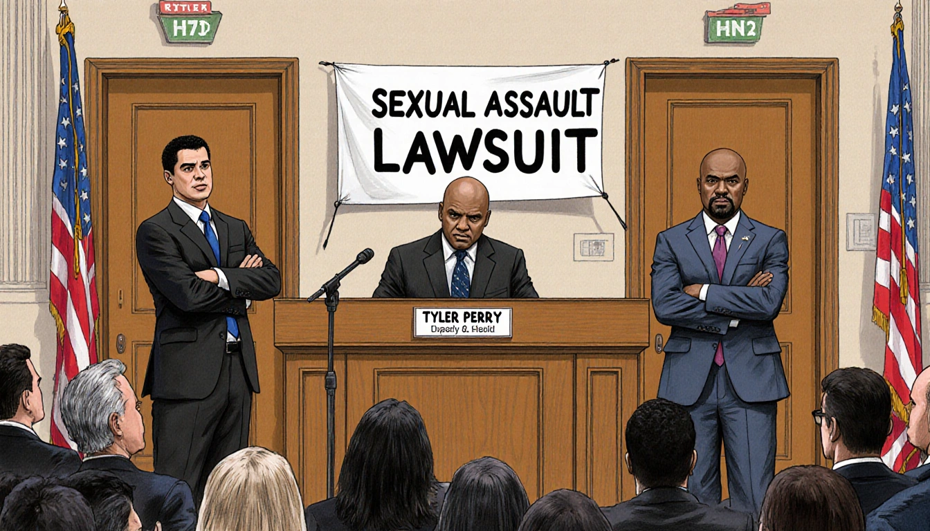 Plaintiff standing confidently before podium with judge's bench and lawsuit sign