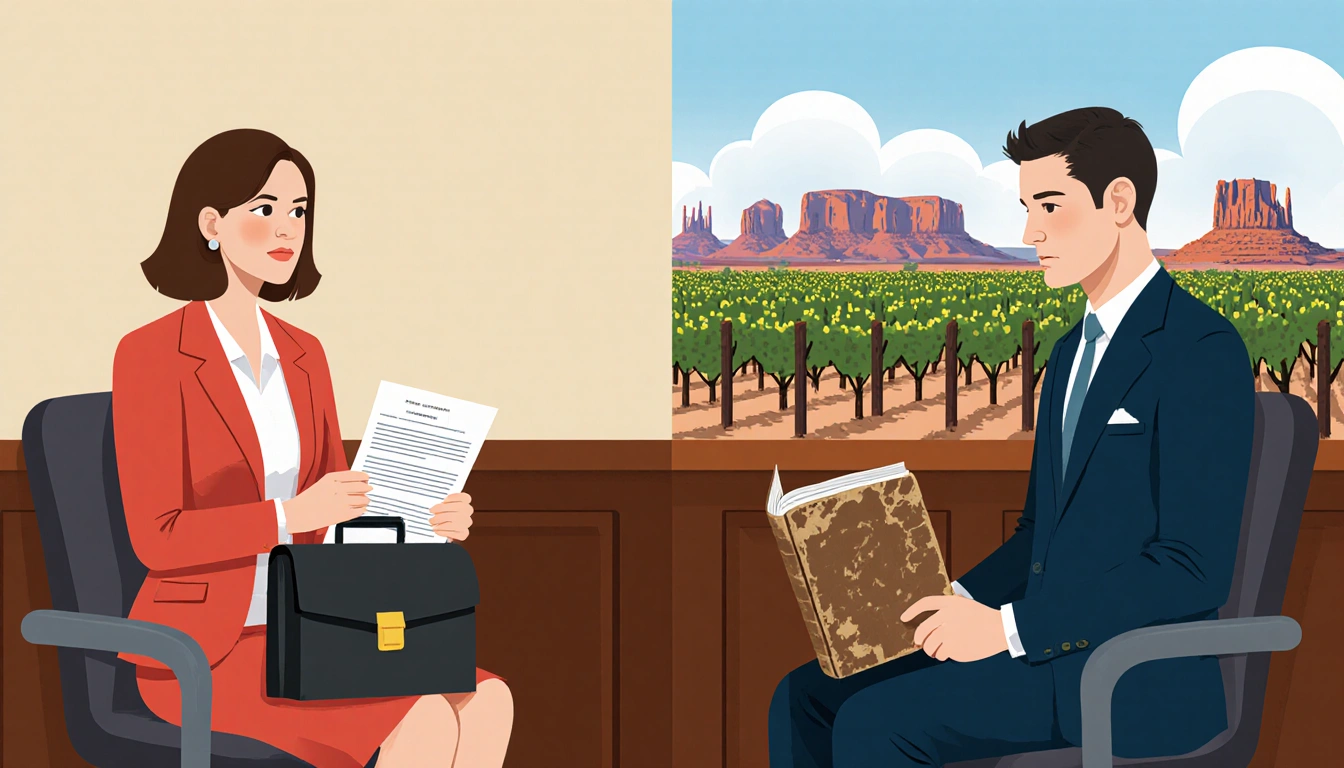 Kerri sits with a briefcase in a courtroom, Abatti holds a farm journal, and the background shows vineyards and desert.