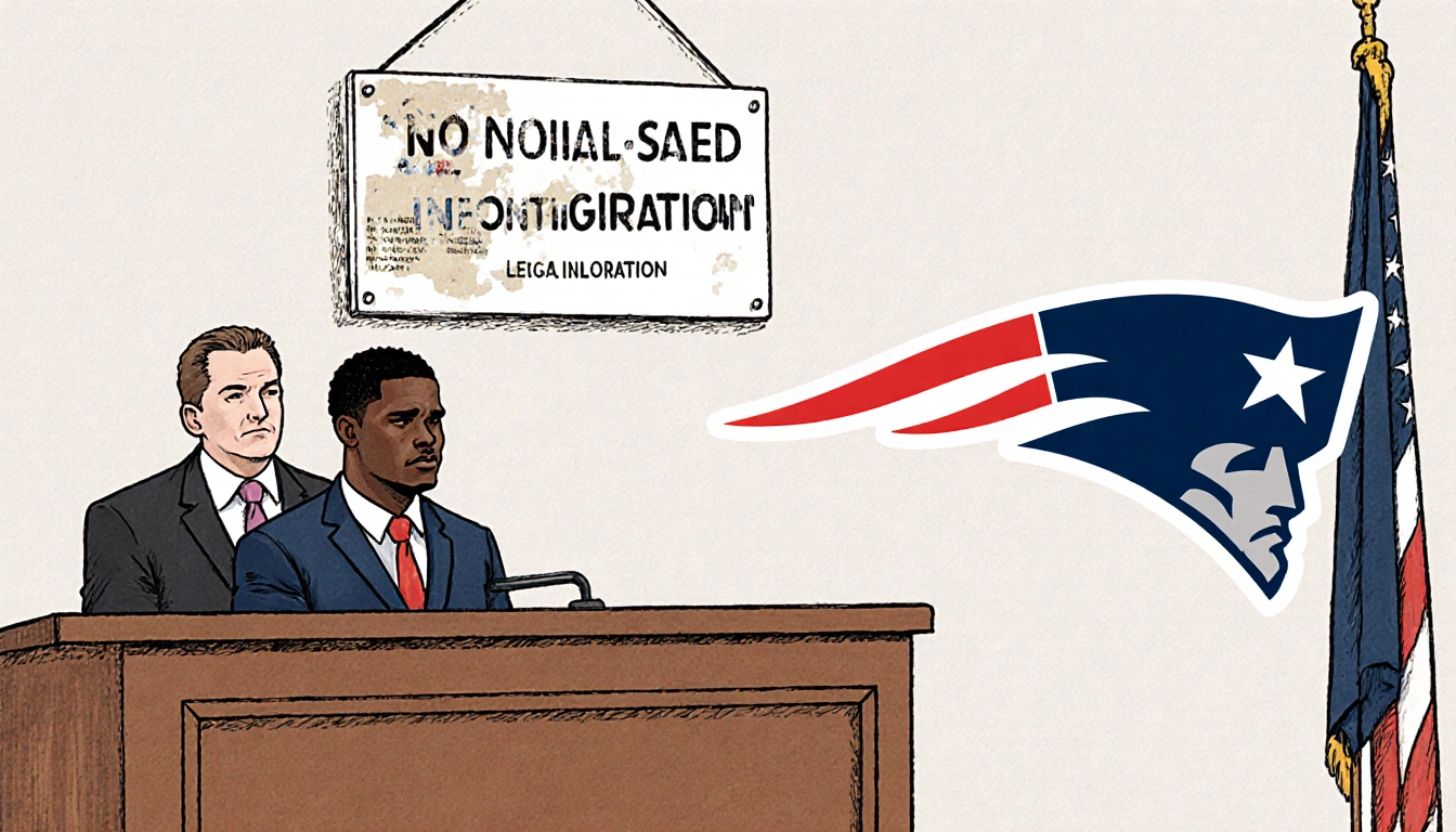 Lawyer sitting beside Stefon Diggs in courtroom with No Disclosure sign and Patriots logo