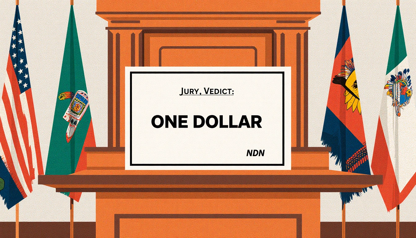 Courtroom scene shows verdict rectangle reading ONE DOLLAR with Native American flag symbols in background.