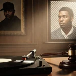 Gavel resting against wooden desk in dim nostalgic courtroom with vinyl record player and blurred portrait