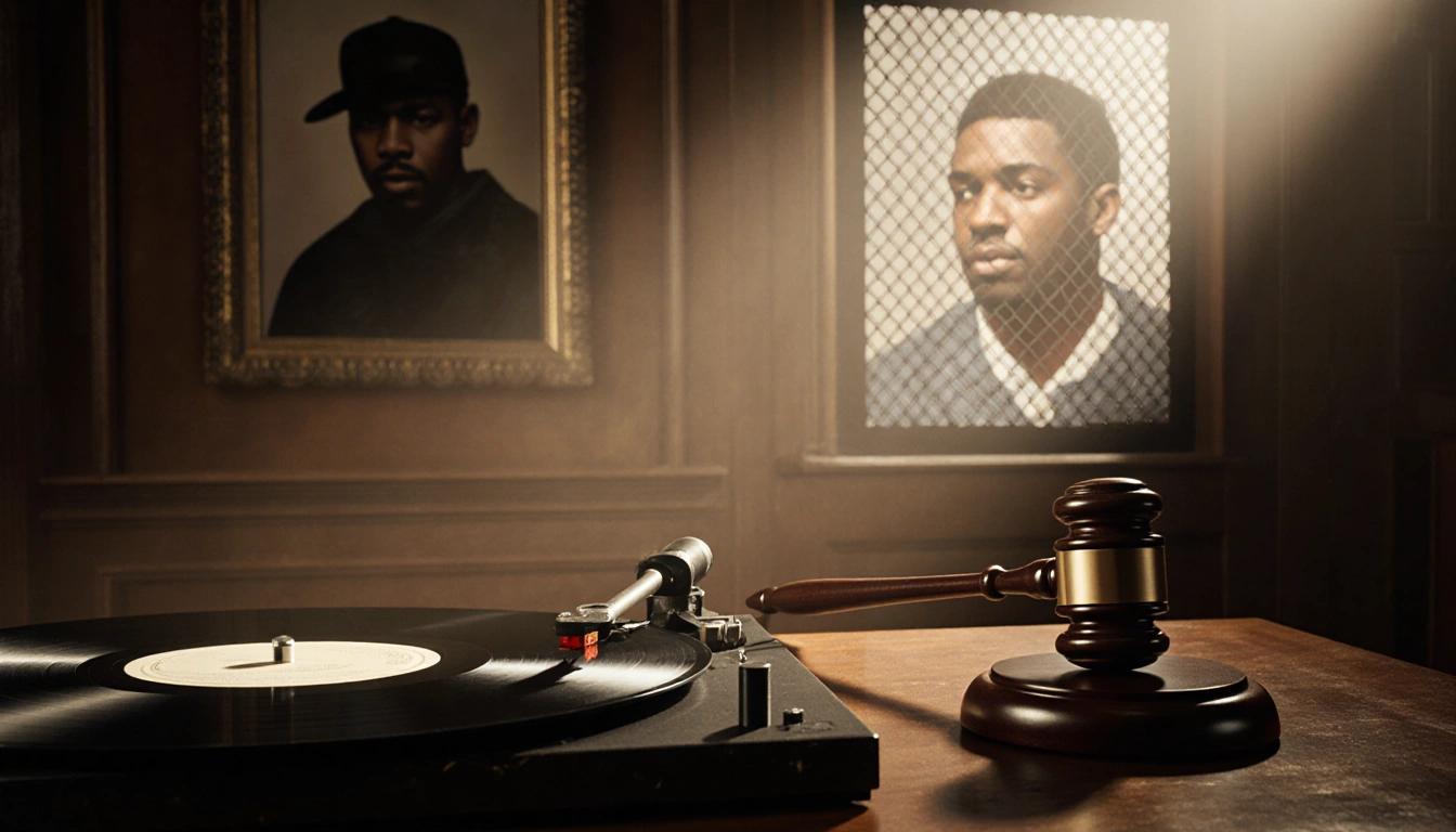 Gavel resting against wooden desk in dim nostalgic courtroom with vinyl record player and blurred portrait