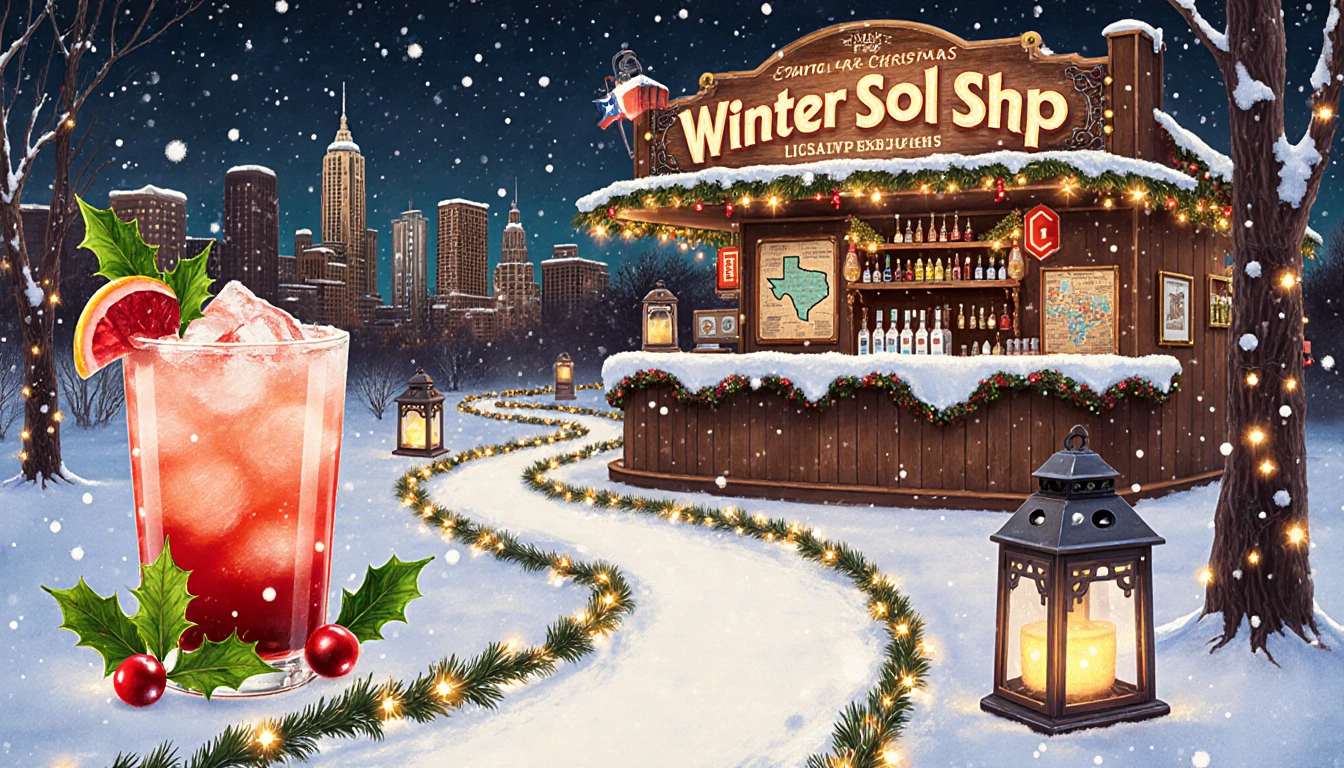 Cody's cocktail glass glows with cranberry slice and holly leaves near the snowlit holiday maze with Texas skyline backdrop