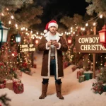 Cowboy proudly holding hot chocolate with twinkling string lights and lanterns near Sign Bar and Cowboy Christmas signs