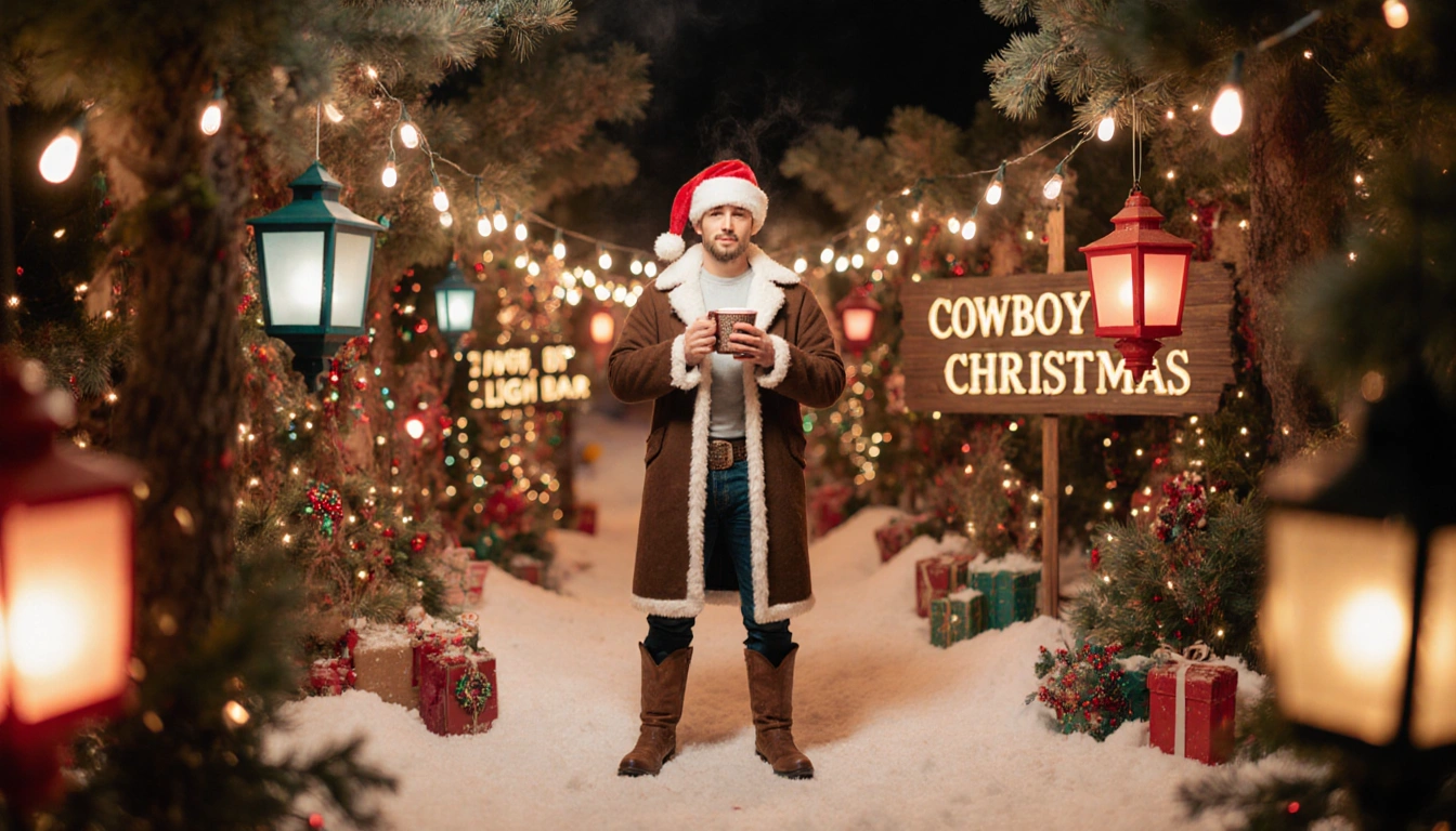 Cowboy proudly holding hot chocolate with twinkling string lights and lanterns near Sign Bar and Cowboy Christmas signs