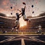Dak Prescott throwing a pass to Amari Cooper with sunset glow and Cowboys logo on field and confetti overhead