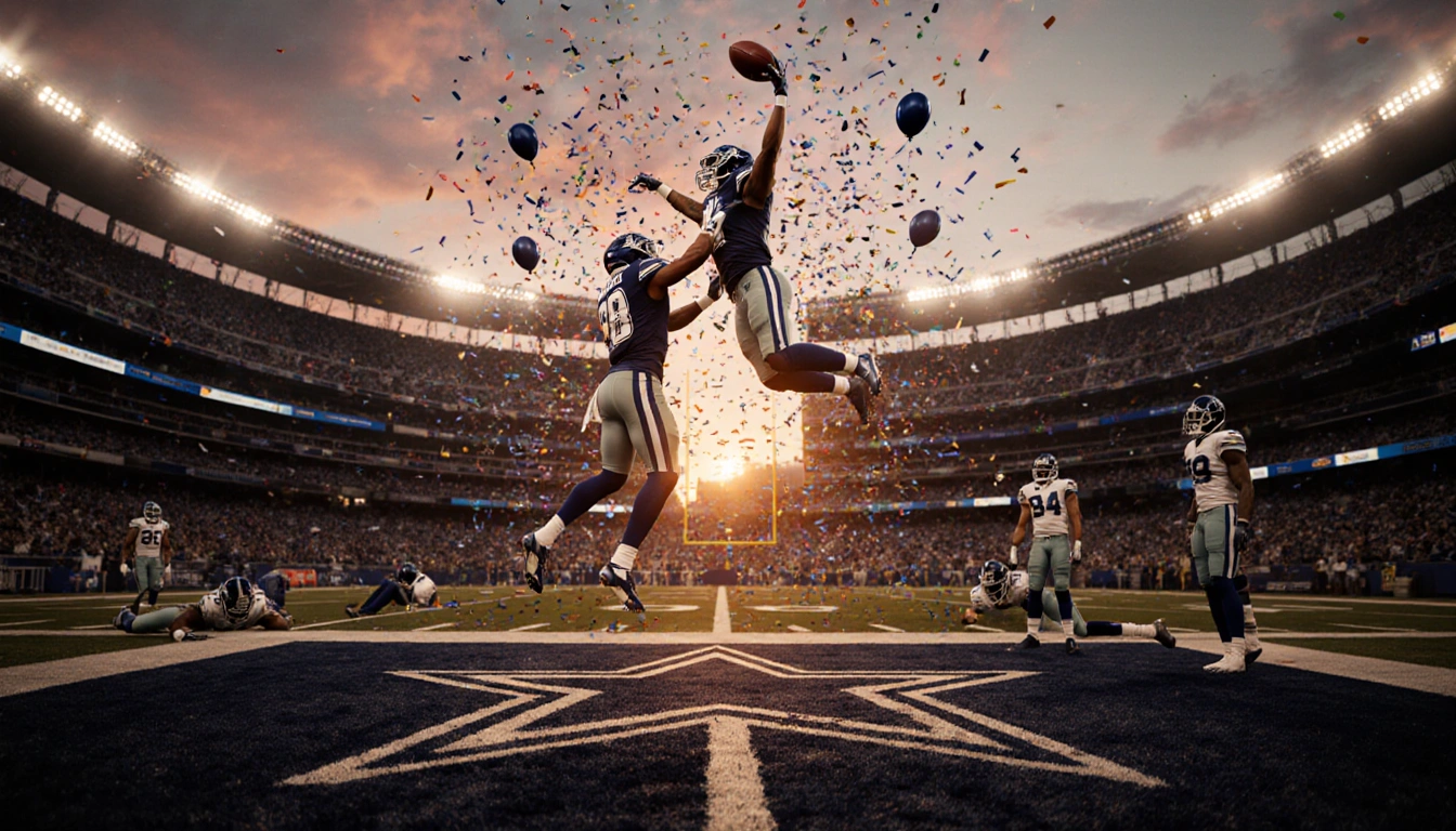 Dak Prescott throwing a pass to Amari Cooper with sunset glow and Cowboys logo on field and confetti overhead