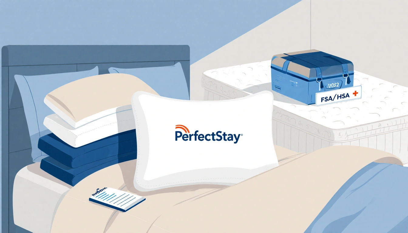 Freeform Adjustable Pillow resting with sheets and a duvet cover showing PerfectStay logo near mattress with Harmony Anywhere