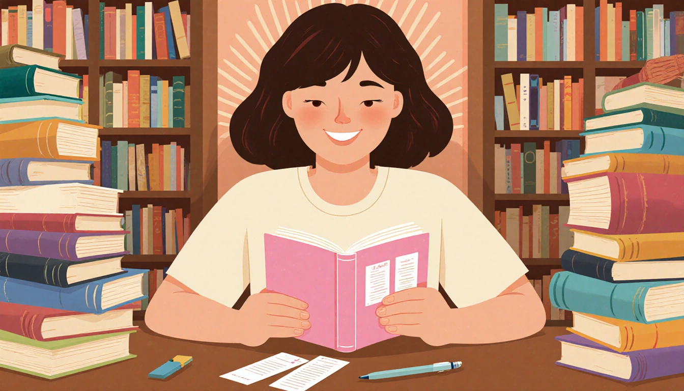 Person smiles while holding a pastel book in a cozy bookstore with warm lighting and stacked books nearby