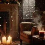 Fireplace crackling with embers and warm holiday glow with steaming mug of mulled wine beside candles