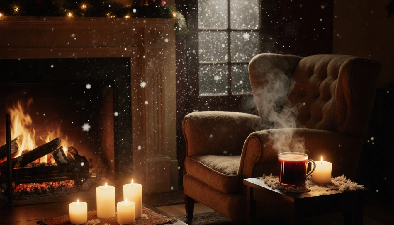 Fireplace crackling with embers and warm holiday glow with steaming mug of mulled wine beside candles