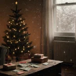Holiday living room glowing with warm light near a bare Christmas tree and falling snow outside window.