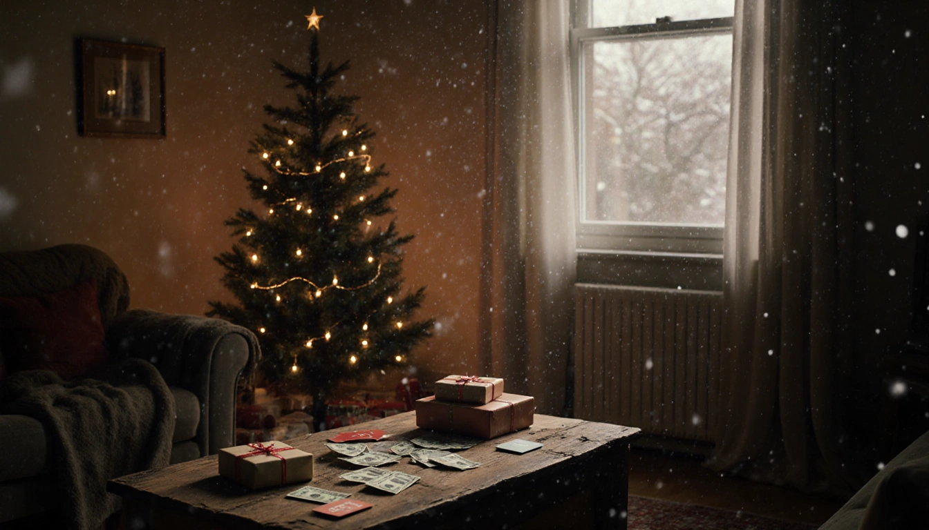Holiday living room glowing with warm light near a bare Christmas tree and falling snow outside window.