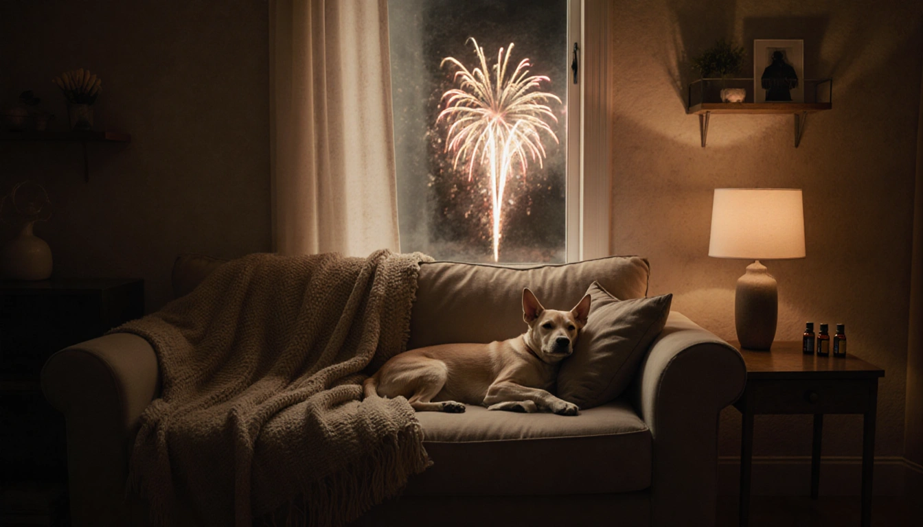 Dog snuggling on plush couch with soft blankets while a window shows faint fireworks in a cozy living room
