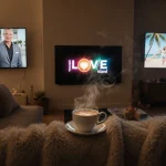 Living room invites viewers with five TVs showing different shows and a steaming coffee mug in the foreground