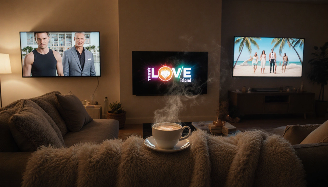 Living room invites viewers with five TVs showing different shows and a steaming coffee mug in the foreground