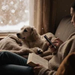 Dog snuggles into blanket with owner reading and snowflakes falling outside window