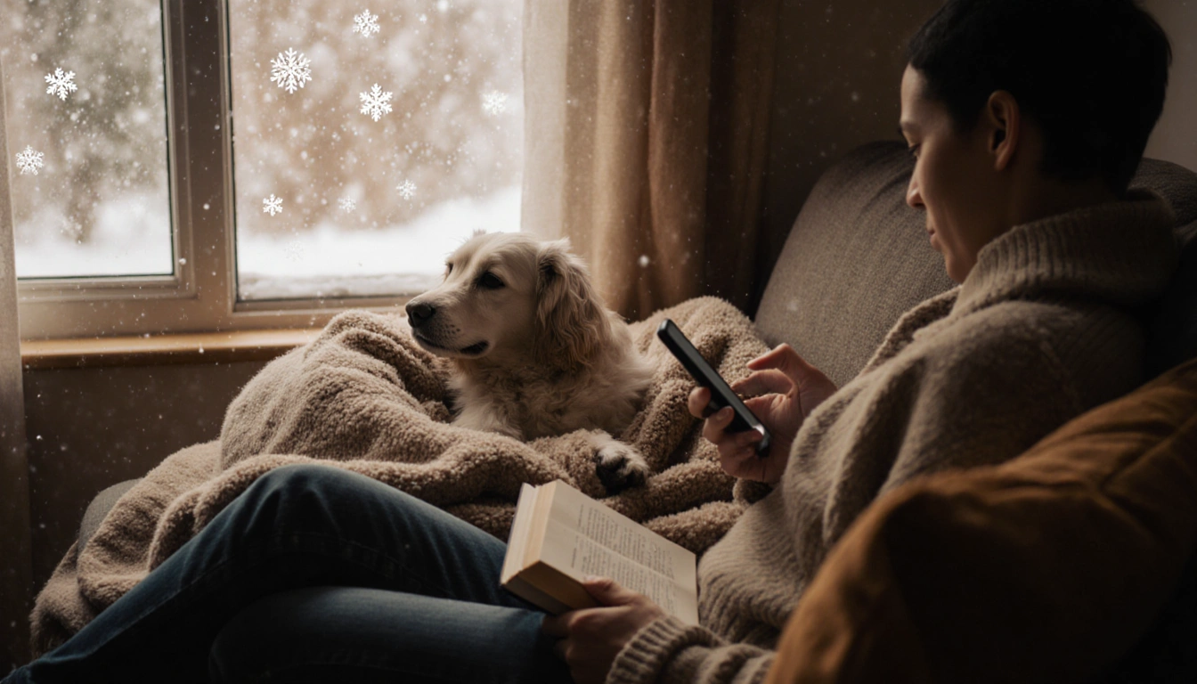 Dog snuggles into blanket with owner reading and snowflakes falling outside window