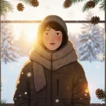 Person standing by frosted window with warm golden light illuminating face and falling snowflakes around