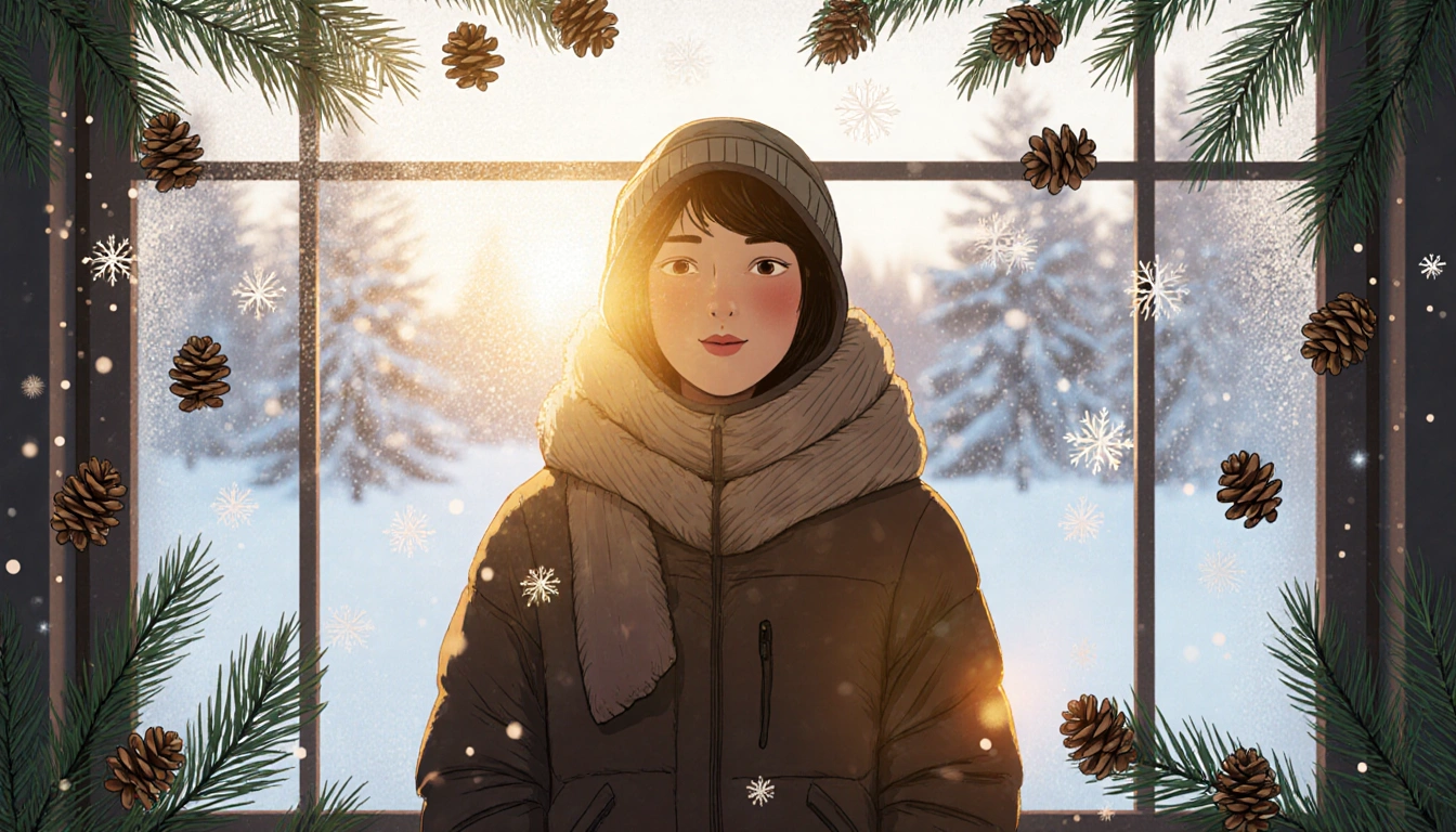 Person standing by frosted window with warm golden light illuminating face and falling snowflakes around