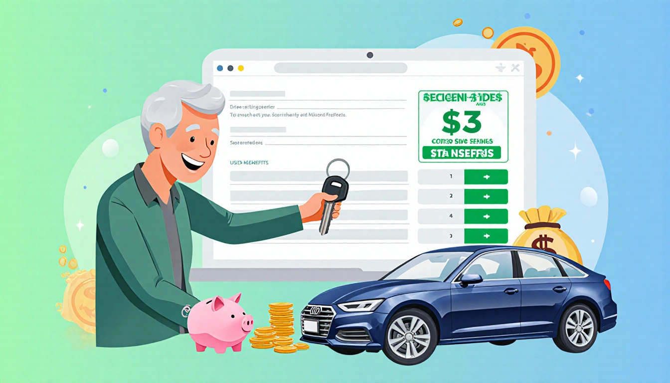 Smiling middle-aged person holding car key with laptop calculator screen and shiny used car badge