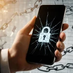 World leader holding cracked smartphone with digital lock visible against subtle lock grid background