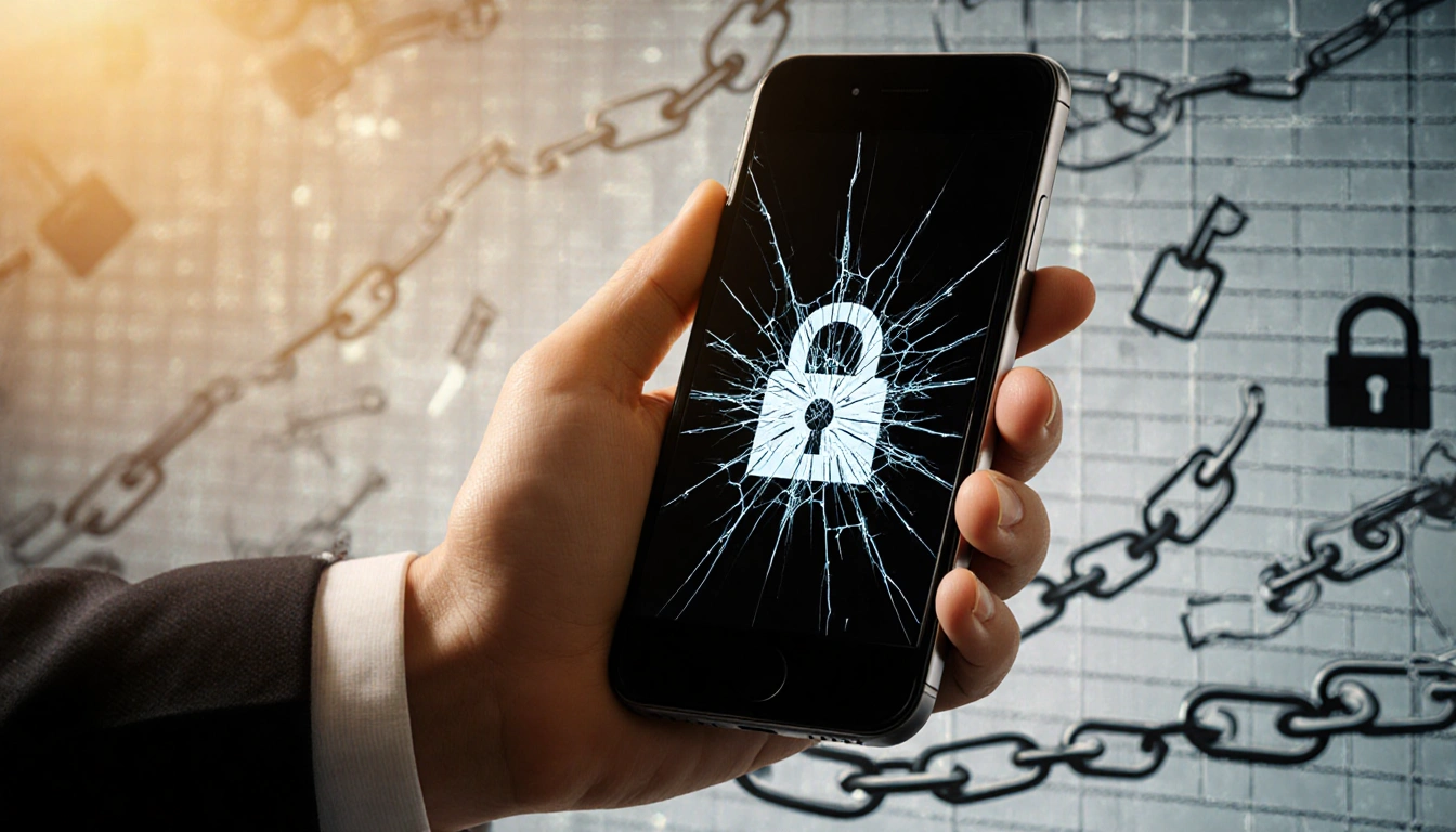 World leader holding cracked smartphone with digital lock visible against subtle lock grid background