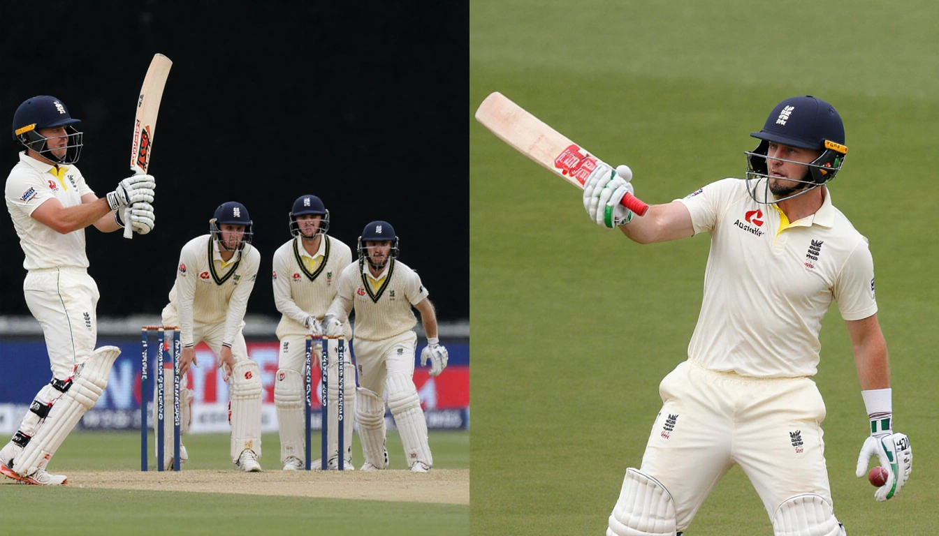 Australian captain gesturing to teammates with England hesitating and a subtle scoreboard showing lead.